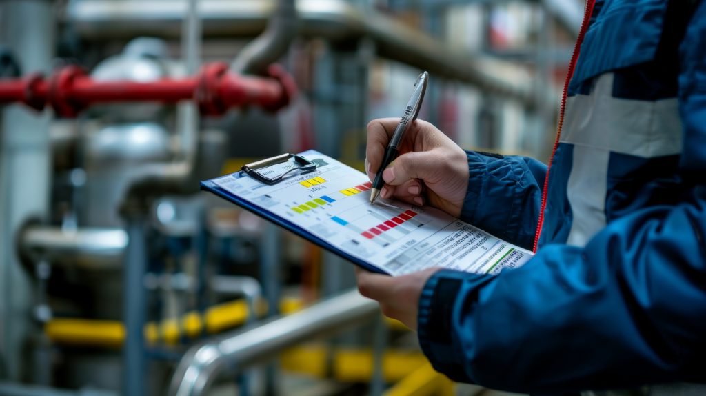 Auditor pasando revisión de mantenimiento normativo en planta industrial